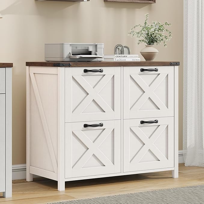 Farmhouse File Cabinet, Lateral Filing Cabinet with 4 Drawers for Letter/A4 Size Hanging Files, Wooden Printer Stand File Storage Cabinet for Home Office Cabinets, Rustic White