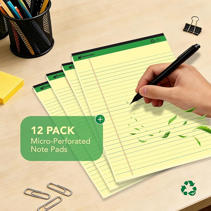 KAISA Yellow Legal Pads 12Pads 600 Sheets Writing Pads Recycled Paper 5"x8" Norrow Ruled Lined Paper Small Legal pad Perforated 50 sheets/pad Notepads Writing Tablet Canary For Office Supplies (Canary 12pads)