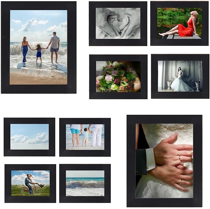 Picture Frames Set 10 Pack Collage Picture Frames,Gallery Wall Frame Set with Four 8x10, Four 5x7, Four 4x6, Farmhouse Rustic Photo Frames for living room Wall Gallery Decor or Desk,Black