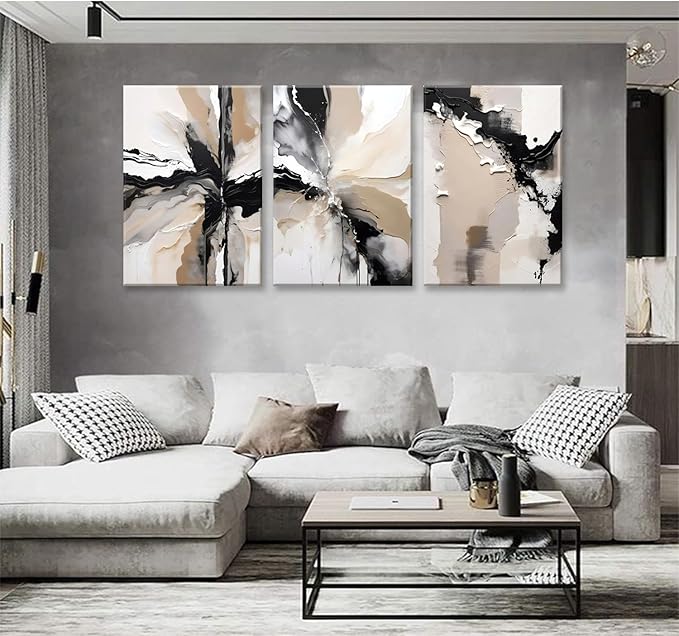 LYPHNX Framed Black and Brown Abstract Geometric Canvas Wall Art Modern Grey White Beige Print Poster Set of 3 Painting Terracotta Brush Strokes Picture Home Decor for Bathroom Bedroom Office 16"x24"