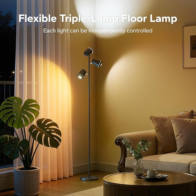 36W LED Tree Floor Lamp, Upgraded 3 Rotatable Lights Standing Lamp with Remote & Touch Control, Dimmable Tall Lamp Modern Floor Lamps for Living Room Bedroom Office