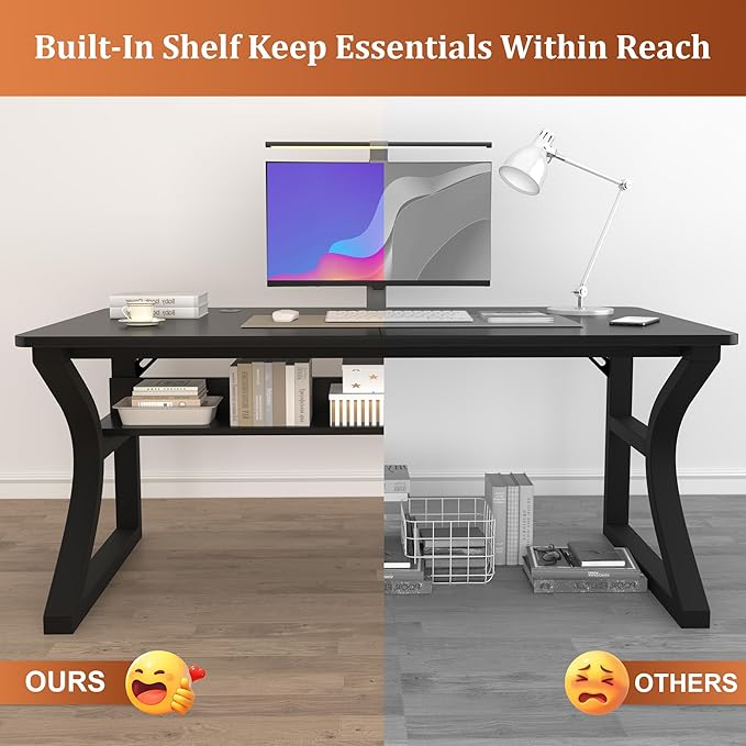 Computer Desk, 55'' Computer Desk Home Office Desks w/Storage Shelves & U Shaped Metal Frame, Study Writing Desk w/Cable Management, Deeper & Thicker Desktop Table for Home Office