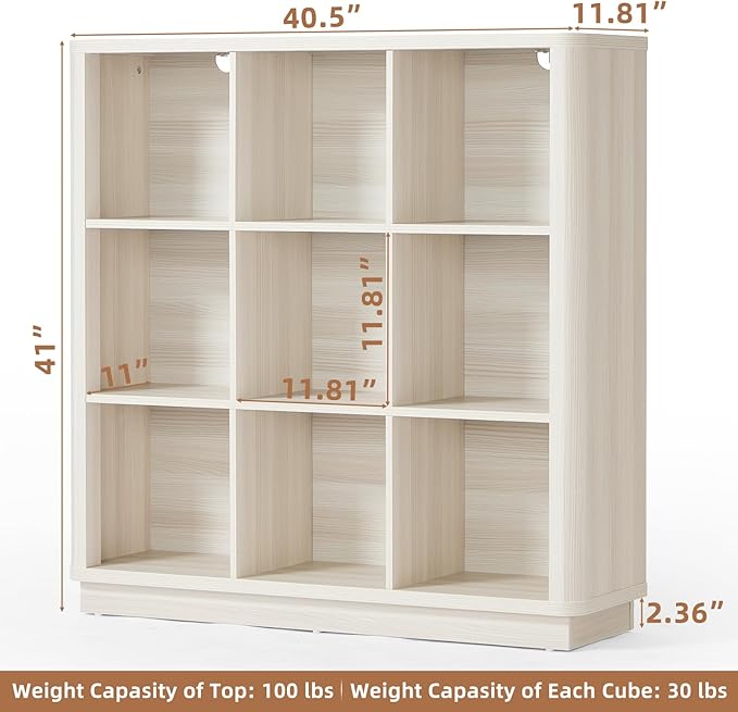 9 Cube Storage Book Shelf, 41" Tall Organizer Bookcase with Curved Edge, Wood Floor Standing 3-Tier Cubby Bookshelf with Base, Vintage Display Book Case for Bedroom,Office,White-Grey Cream Oak
