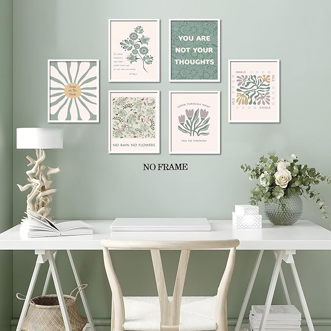 Sage Green Floral Canvas Wall Art Poster Set of 6, Motivational Mental Health Pictures Wall Decor, Inspirational Quotes Botanical Paintings Prints for Therapy Office Living Room Home 12x16in Unframed
