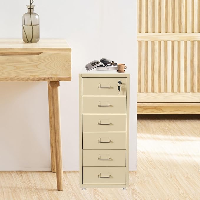 6 Tiers Metal File Cabinet with 6 Drawers Vertical Filing Cabinet with Lock & Wheels Freestanding Locking Storage Cabinet for Home Office, 11 * 16 * 27in (Beige)