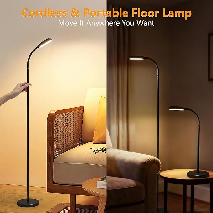 Cordless Portable Floor Lamp, Adjustable Gooseneck with Touch Switch, 3 Color Modes, Lightweight & Rechargeable for Living Room, Bedroom, Office, Reading, Camping, RV, Piano, Indoor Outdoor- Black
