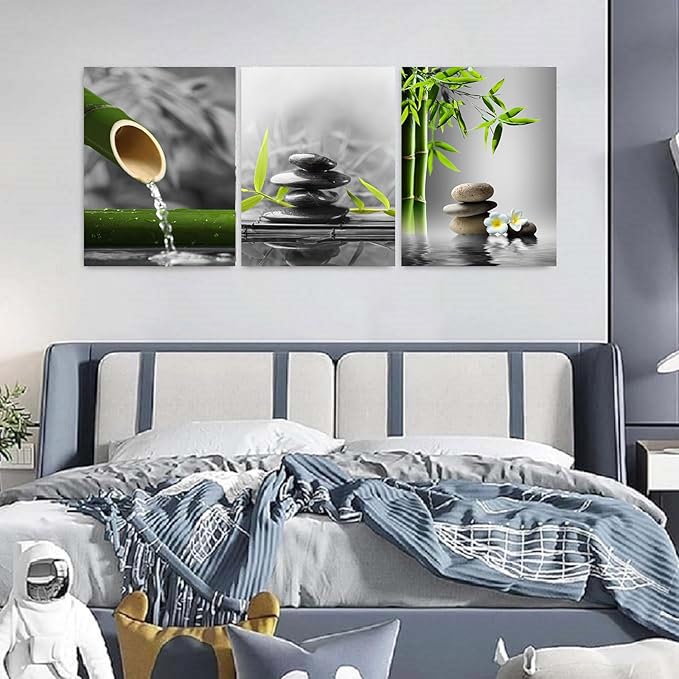 Yxbhhym-Bathroom Decor Black and White Wall Art Gray Green Room Decor Zen Poster Canvas Pictures Zen Artwork for Spa Living Room Decoration Wall Art Bedroom Home Decor Framed Prints Art