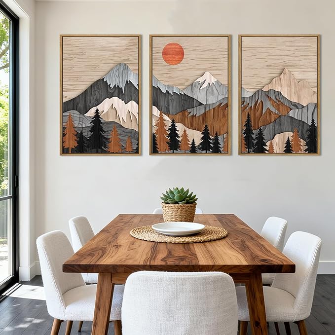 ANHUIB Mountain Wall Art 16x24 Inch Large Forest Wall Decor Woodcut Pine Tree Illustration Nature Wilderness Art Print Abstract Landscape Painting Set of 3 for Living Room Bedroom Office