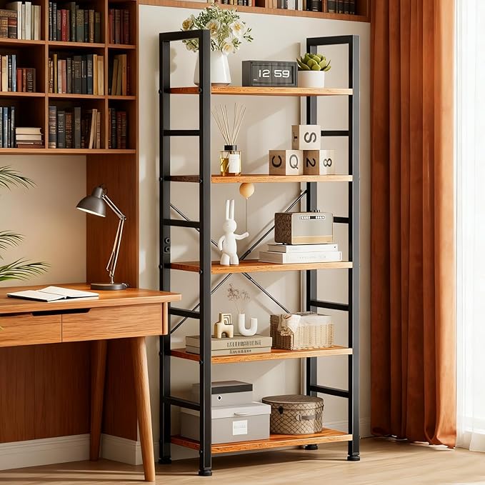 5 Tier Bookshelf, Free Standing Wooden Bookcase with Open Storage Shelves with Metal Frame, Sturdy Shelf Organization Display Rack for Living Room, Bedroom, Home Office, 62.2" Tall, Brown