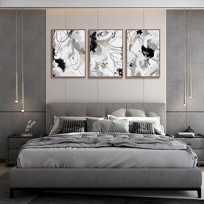 myusuar 3 Piece Large Modern Abstract Canvas Framed Wall Art For Living Room, Black And White Lines Minimalist Wall Art Decor Posters Prints For Bedroom Office, 16x24in