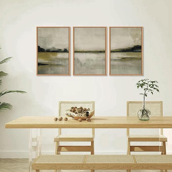 KAIRNE Large Neutral Abstrcat Landscape Wall Art Set, 3 piece Abstrcat Mountain Lake Wall Decor, Neutral Tan Scenery Wall Painting, Nature Landscape Art Print for Bedroom, Living Room, Office 16"x24"