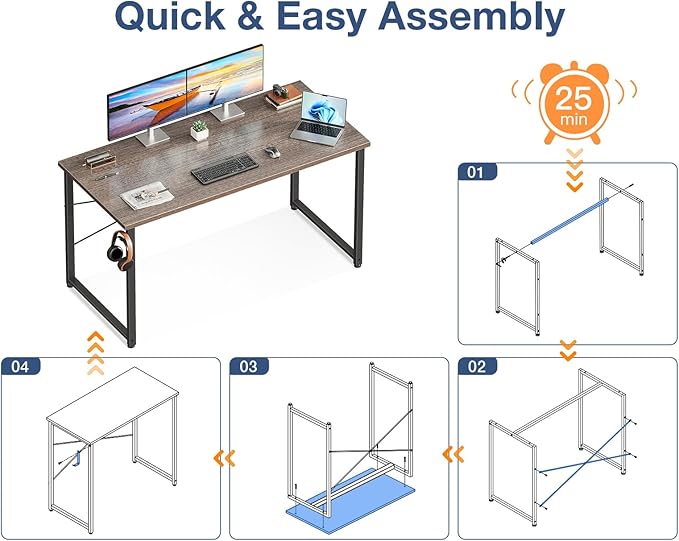 Casaottima 48 Inch Small Computer Desk for Home Office, Study Writing Table for Small Spaces, Simple Modern Desk with Headphone Hooks, Grey Oak