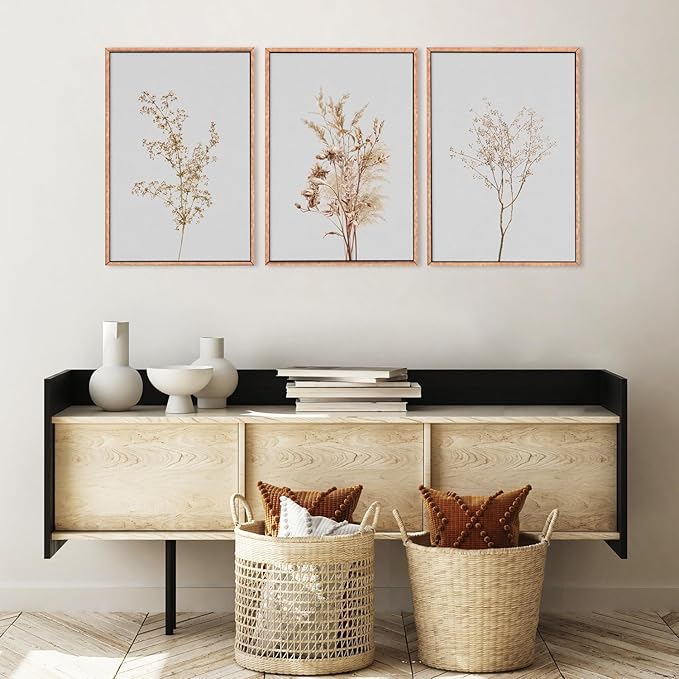 Wildflower Floral Framed Canvas Wall Art Set, Beige Botanical Wall Decor, Minimalist Nature Flower Wall Painting, Modern Boho Farmhouse Art Print for Living Room, Bedroom, Office- 24"x36"x3