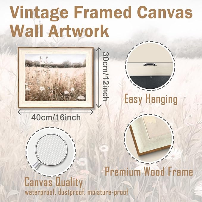 ASTRDECOR Framed Nature Wall Art Prints, Vintage Wildflower Field Landscape Canvas Wall Art Bedroom, Autumn Oil Painting Botanical Artwork, Plant Pictures Farmhouse Wall Decor Living Room - 12''x16''