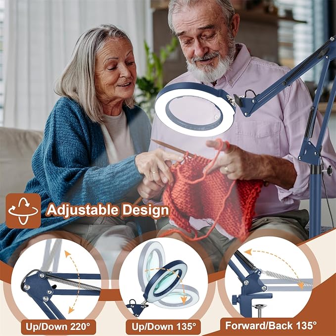 LANCOSC 10X Magnifying Glass with Light and Stand, 3-in-1 Adjustable Swing Floor Lamp, 5 Color Modes Stepless Dimmable, LED Lighted Hands Free Magnifier & Clamp for Reading, Crafts, Painting - Blue
