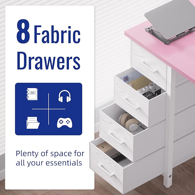 Pamray 47 Inch Computer Desk with 8 Fabric Drawers PC Gaming Desk Home Office Study Work Writing Table for Bedroom Red