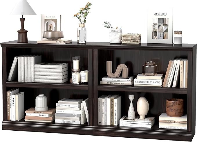 blini Bookshelf and Bookcase Set of 2, Cherry Wood Double Wide Large Bookshelves 2 Tier Wooden Bookshelf with Storage Cabinets for Living Room, Home Office, Library (Cherry Wood, 2 - Shelf)