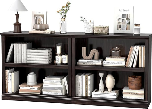 blini Bookshelf and Bookcase Set of 2, Cherry Wood Double Wide Large Bookshelves 2 Tier Wooden Bookshelf with Storage Cabinets for Living Room, Home Office, Library (Cherry Wood, 2 - Shelf)