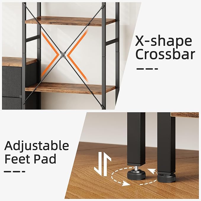 Triple Bookshelf with 3 Fabric Drawers, 6-Tier Book Shelf and 10 Display Shelves, Industrial Large Bookcase for Home & Office, Rustic Brown, 47'' Wide