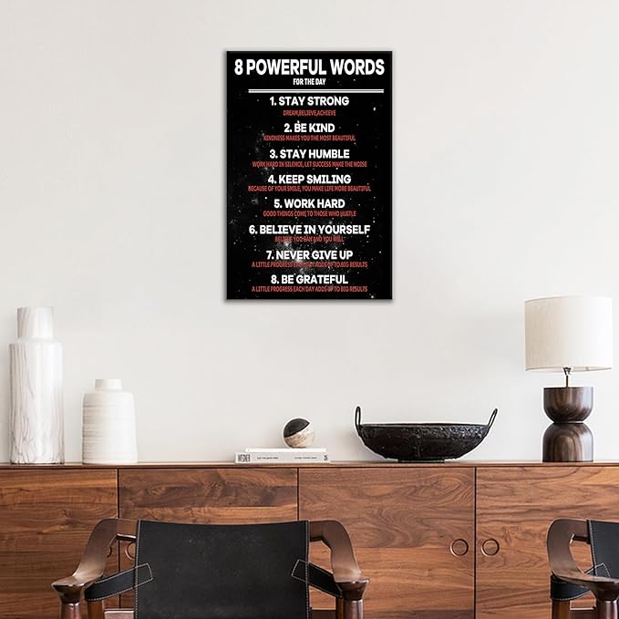 Motivational Framed Canvas Wall Art Poster Print for Office 8 Powerful Words Inspirational Entrepreneur Quotes Picture Painting Artwork for Modern Home Bedroom Gym Ready to Hang [12''W x 18''H]