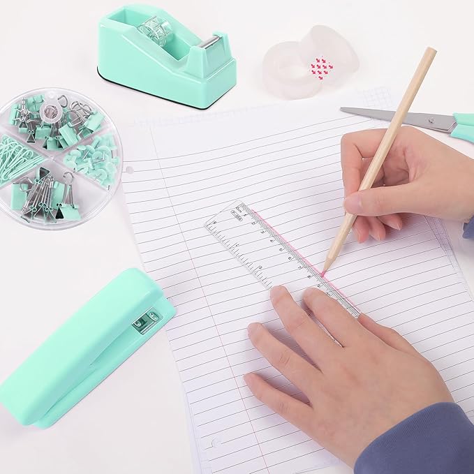 Office Accessories, 10Pcs, 360-Degree Rotating Pen Holder, Office Supplies Include Stapler, Tape, Tape Holder, Scissors, Ruler, Staple Remover, 1 Box of Staples, Paper Clips Kit for Office School