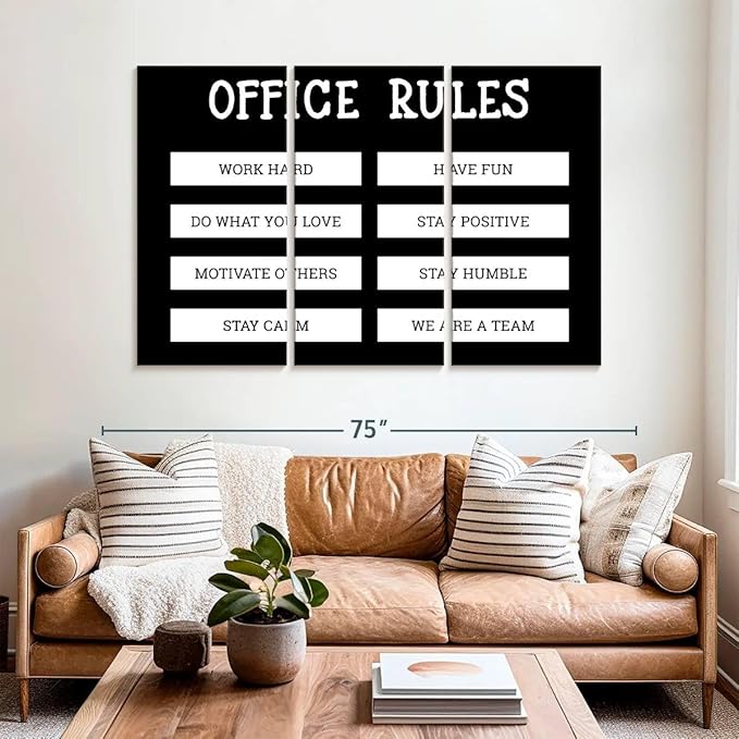Elephant Stock - Office Rules Wall Art - Horizontal Multi Panel Canvas - 3 Piece Home Office Wall Decor - Digital Art Motivational Typography Multi Piece Wall Art - Black And White Decor by Cad Designs - 65" x 42"