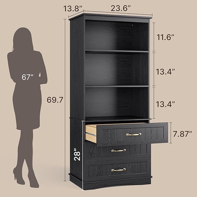 Gizoon 70'' Tall Bookcase with 3 Drawers Wooden Bookshelf with Storage Cabinet Multifunctional Book Storage Organizer for Office Living Room and Bedroom，Black