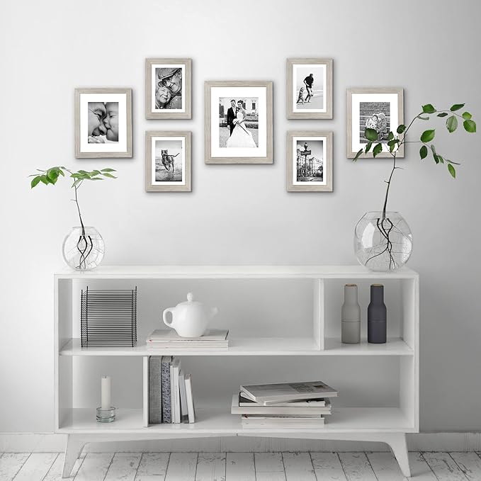 Americanflat Set of 7 Picture Frames with Shatter-Resistant Glass - Gallery Wall Frame Set with One 11x14, Two 8x10 and Four 5x7 Frames - Signature Collection - Driftwood