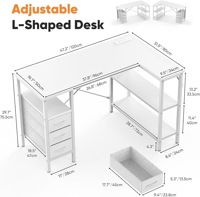 Simple Deluxe L Shaped Gaming Desk with Power Outlets, 47 Inch Computer Desk with 3 Drawers, Shelves, Corner Computer Desk for Gaming, Corner Work, Home Office, Study, White