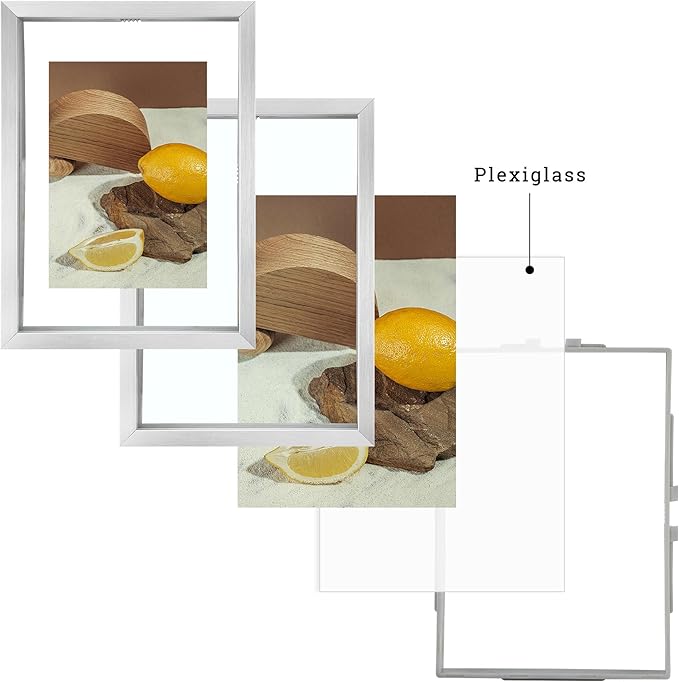 Frametory, Floating Picture Frames Set - Silver Metal Photo Frames - Real Glass - Displays One 11X14, Two 8X10, And Four 5X7 Inch Photos for Home Decoration