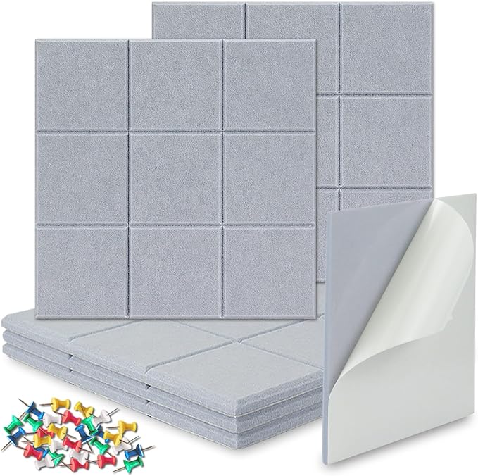 BXI Felt Bulletin Board - 12 X 12 X 3/8 Inches 6 Pcs Self-Adhesive Poster Cork Board with 30 Push Pins, Thick Pin Tiles Display Vision Board, Photo Picture Panels for Home Office Classroom Walls