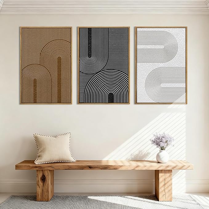 BINCUE Large Neutral Wall Art Framed,Dark Modern Abstract Canvas Wall Decor Boho,Minimalist Artwork Mid Century,Black Brown Geometric Painting for Home Living Room Bedroom Hallway 16''x24'' Set of 3