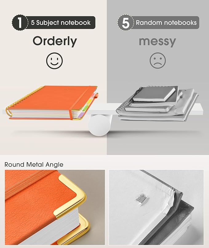 Hardcover Spiral Notebook Journal with Removable Dividers Tabs, 300 Pages Leather 5 Subject Notebook College Ruled, 8"x10" Large B5 Notebooks for Work School Note taking, Lined Journal for Women, Orange