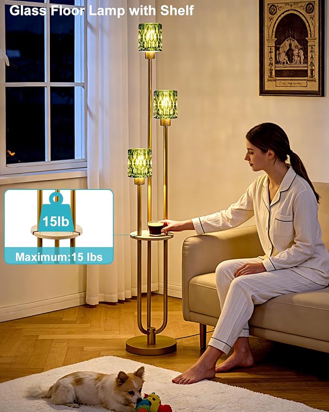 3-Light Modern Glass Floor Lamp with Shelf, Gold Tall Standing Lamp with Green Flower Glass Shade, Industrial LED Floor Lamp with Foot Switch for Living Room Bedroom Home Decor, Bulb Included
