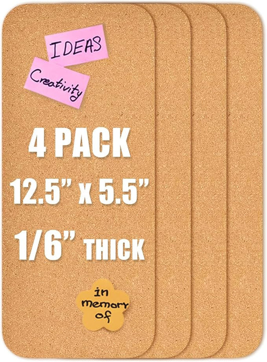 4 PCS 12.5"*5.5" Self-Adhesive Cork Board, 4mm Thick Cork Boards for Walls, 4 Pack 12.5"*5.5" Bulletin Board, Cork Board Tiles for Office, Home, School (4MM-4PC)