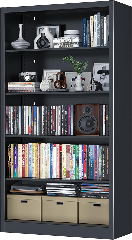 Book Shelf, 14" Deep Bookshelves Cases for Books, Garage Kit, CDs, 66" Tall Bookcase for Home Office Library Living Room, 5 Tier Bookshelf with Adjustable Shelves, Black Bookshelf