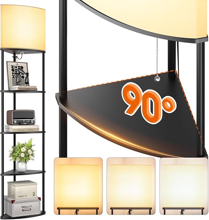 addlon Floor Lamp with Shelves, 5-Tier Adjustable Corner Lamp with 3 Color Temperatures & Linen Shade, Modern Floor Lamps for Living Room, Home Office & Bedroom (E26 LED Bulb Included, 800lm) - Black