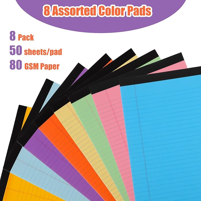 8 Pack Colored Legal Pads, Totally 400 Sheets Legal Pads 8 x 11.5inch College Ruled Writing Pads Wide Ruled Paper for Office, School, College, Professional