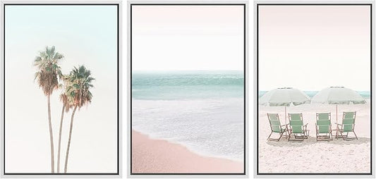 SIGNWIN Framed Canvas Print Wall Art Set Retro Vintage Pastel Tropical Island Beach Nature Wilderness Photography Modern Art Landscape Relax/Calm for Living Room, Bedroom, Office - 24"x36"x3 White