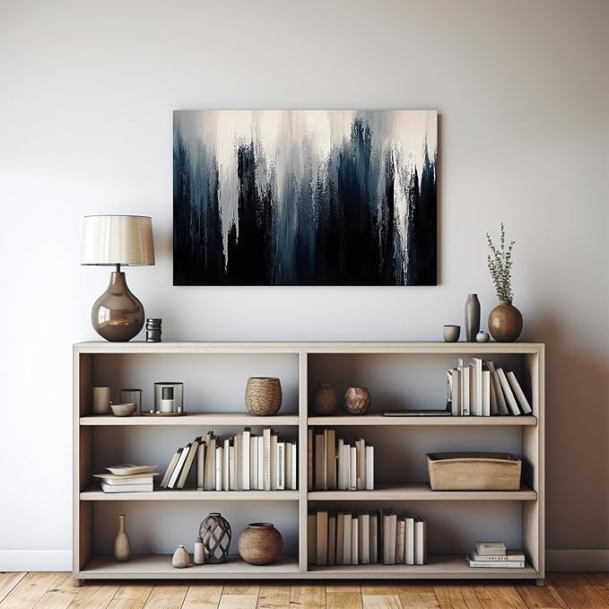 gaosoul Modern Blue Abstract Canvas Wall Art Oil Painting Giclee Print with Vertical Ice Crystal Strokes Ombre White to Navy Gradient Gallery Wrapped for Home Office Decor 48x32in
