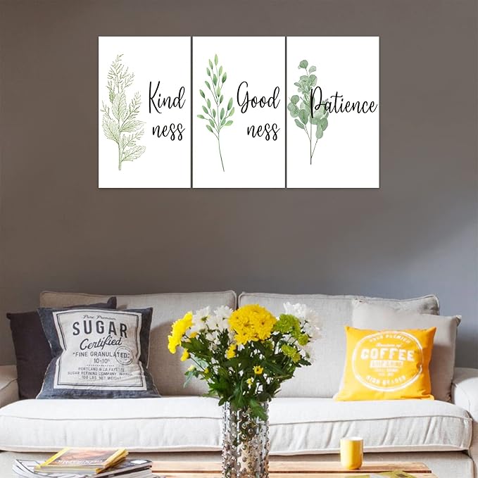 3 Piece Inspirational Wall Art, White Plant Background Picture, Quote "Kind Good Patience" Canvas Print for Office Decor, Triptych Entrepreneur Painting Framed Artwork for Home Wall Decor (72"Wx36" H)