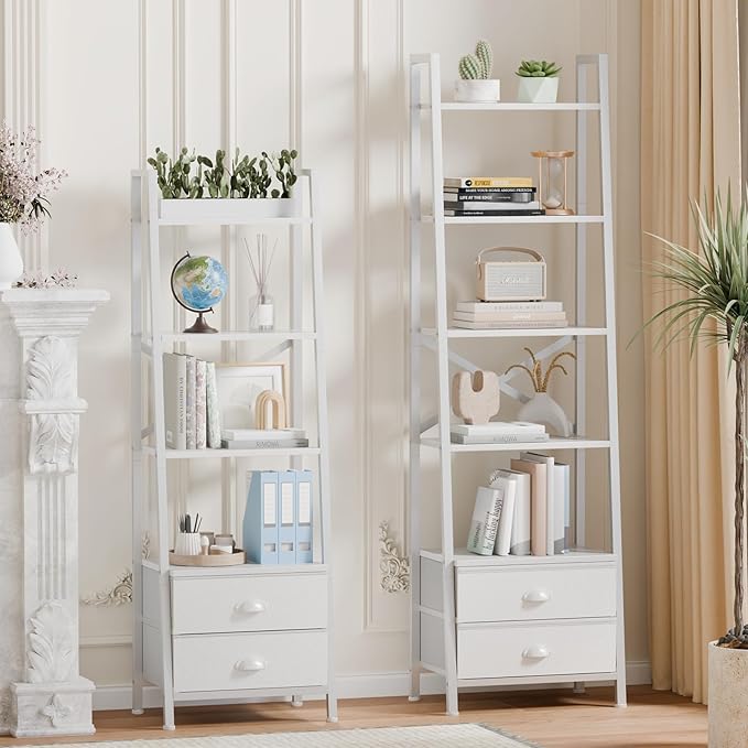 Furologee 4-Tier Ladder Shelf,Small Bookshelf with 2 Drawers,Vertical Bookcase Storage Rack Organizer,Display Bookshelves for Living Room,Bedroom,Bathroom,Home Office,Kitchen,White