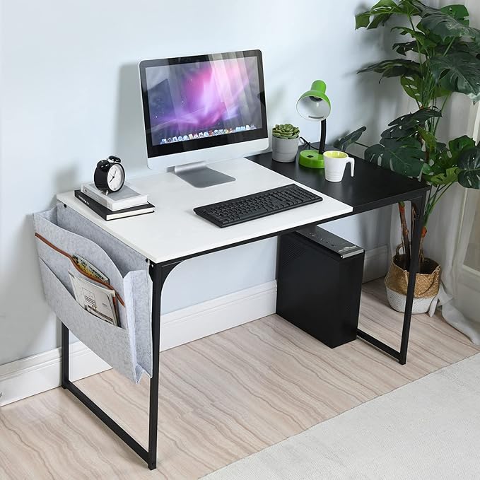 Homy Casa Inc 47 inch Study Storage Bag Space Saving for Home Office, Modern Simple Style PC Metal Frame Computer Desk, Writing Table, Black, White