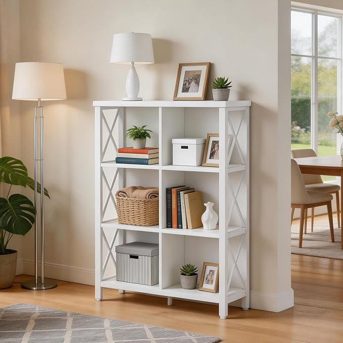 FATORRI 6 Cube Storage Organizer Shelf, Wood and Metal Cubby Bookshelf, Modern Cube Book Shelf (White Oak)