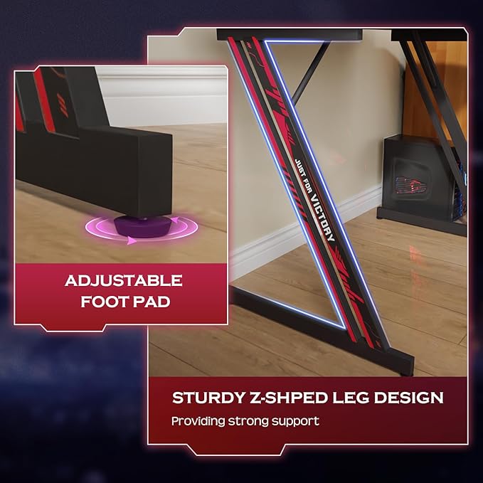 PayLessHere | 35" Gaming Table | Red | Z-Shaped Computer Desk with Steel Frame, Headphone Hook, Adjustable Feet | Carbon Fiber Texture Surface, Sweat & Waterproof | for Gaming, Home Office