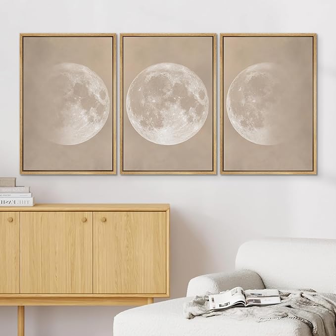 SIGNWIN Framed Canvas Print Wall Art Full Moon Minimalist Beige and Black Toned Lunar Nature Wilderness Modern Art Cool for Living Room, Bedroom, Office - 24"x36"x3 Natural