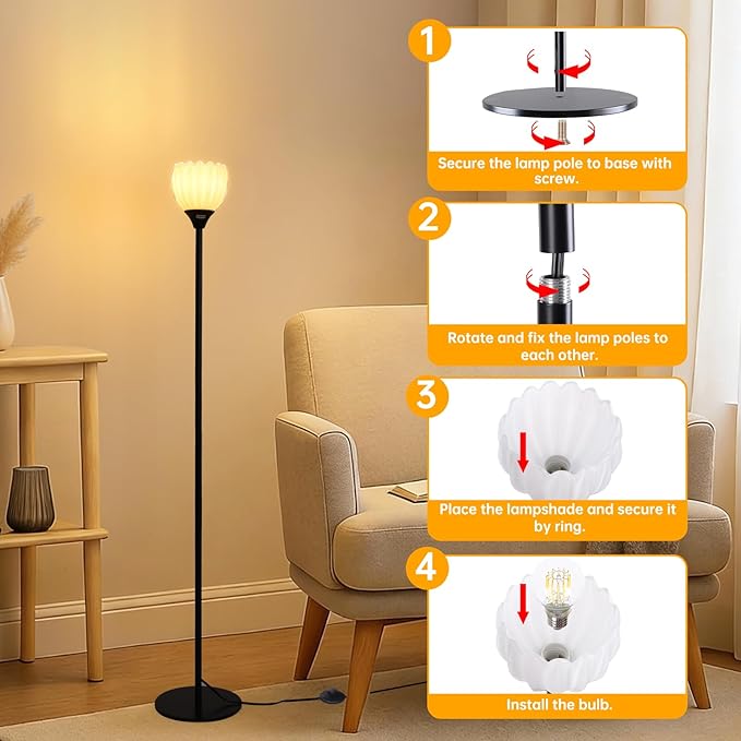 Floor Lamps for Living Room, Bedroom, Black Standing Lamp with 12W Bulb, Vintage Floor Lamp for Reading, Nursery, Corner (White Tulip)