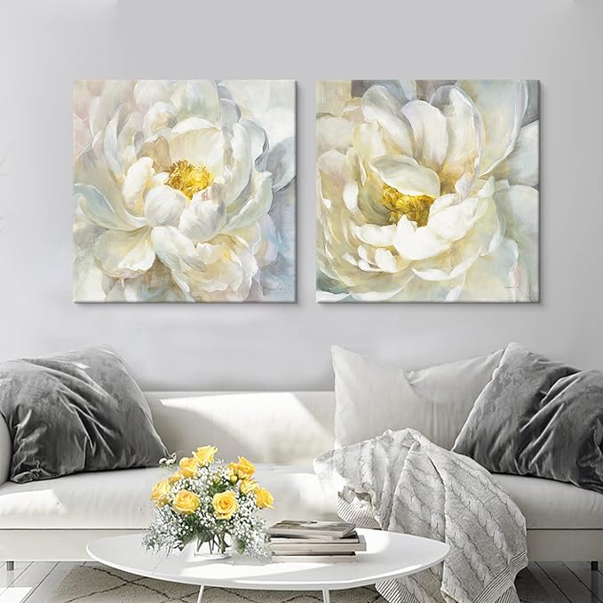 SEVEN WALL ARTS Peony Flower Canvas Wall Art Peonies Floral Pictures Set Abstract White and Yellow Blossom Paintings for Bedroom Living Room Home Office Decor 24"x24"x2pcs