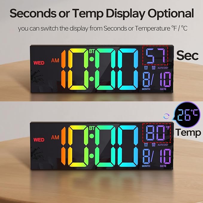 JALL 16.2" Large Digital Wall Clock with Bluetooth Sync, RGB Digital Clock Large Display with Auto DST, Wall Clock for Classroom Bedroom Gym Office, Led Clock for Seniors (Black)