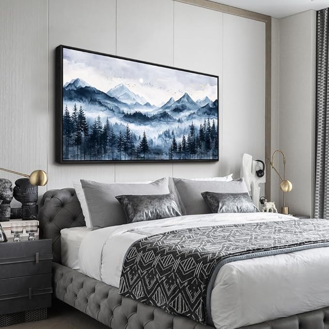 ERQINHUA Canvas Wall Art For Bedroom Large Wall Decor For Living Room Modern Office Mural Misty and Fog Forest Painting Mountain Landscape Picture Artworks Home Decor Black Framed Ready To Hang